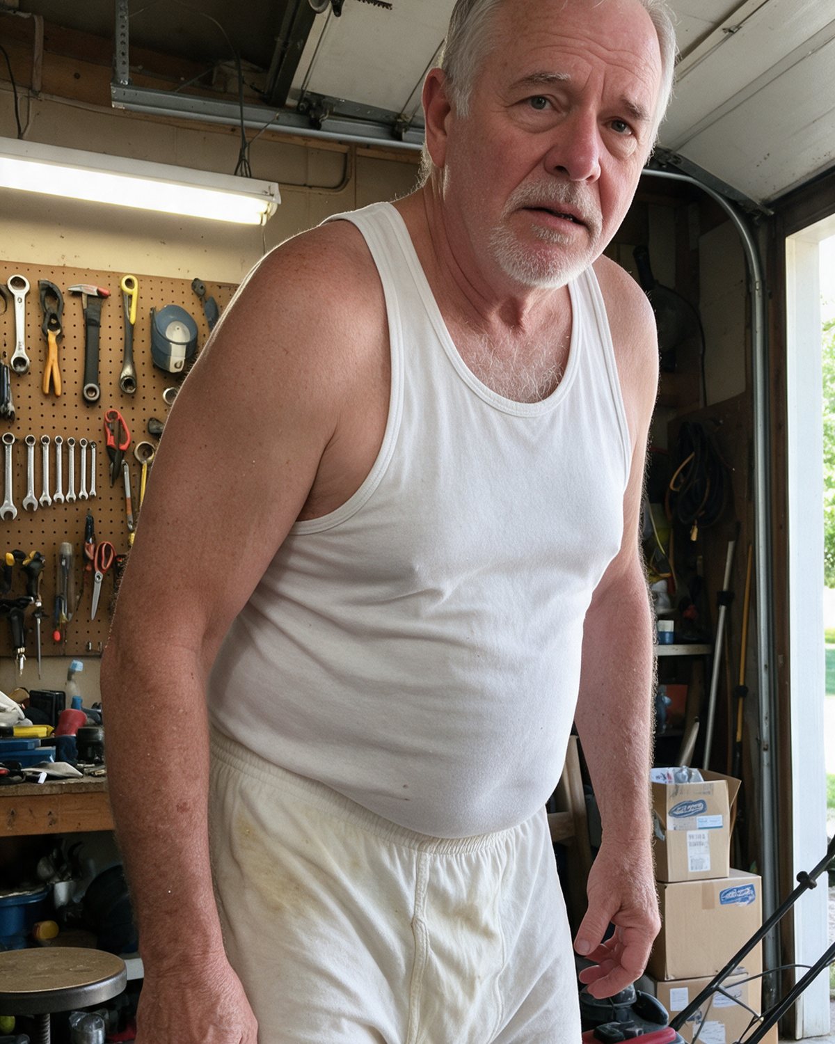 A man in his garage pulling at the leg of his cotton underwear