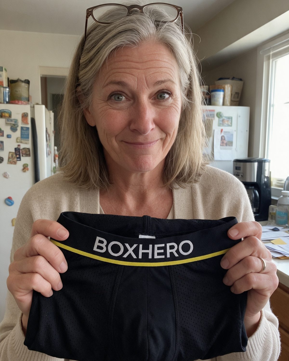 David's wife holding up a pair of BoxHero 2.0 in the kitchen