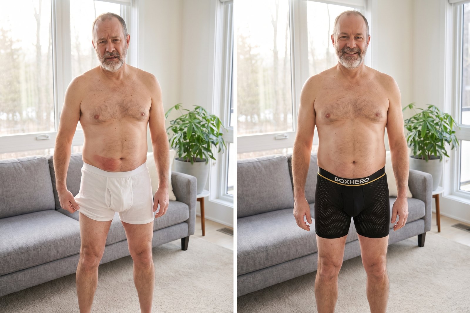 Before: cotton boxers riding up. After: BoxHero 2.0