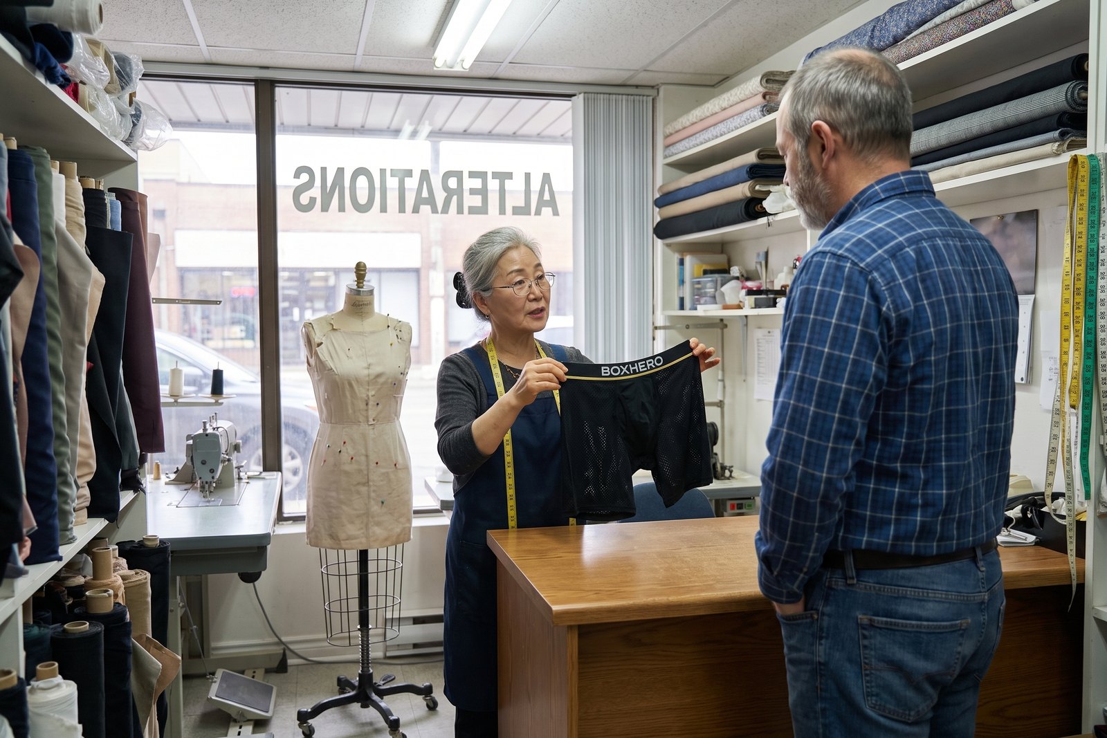 Mrs. Han in her alterations shop showing the BoxHero fabric