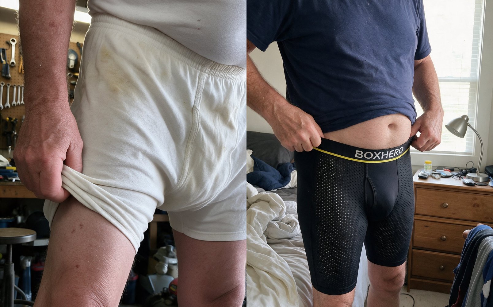 Before: cotton underwear riding up the thigh. After: BoxHero 2.0 staying in place