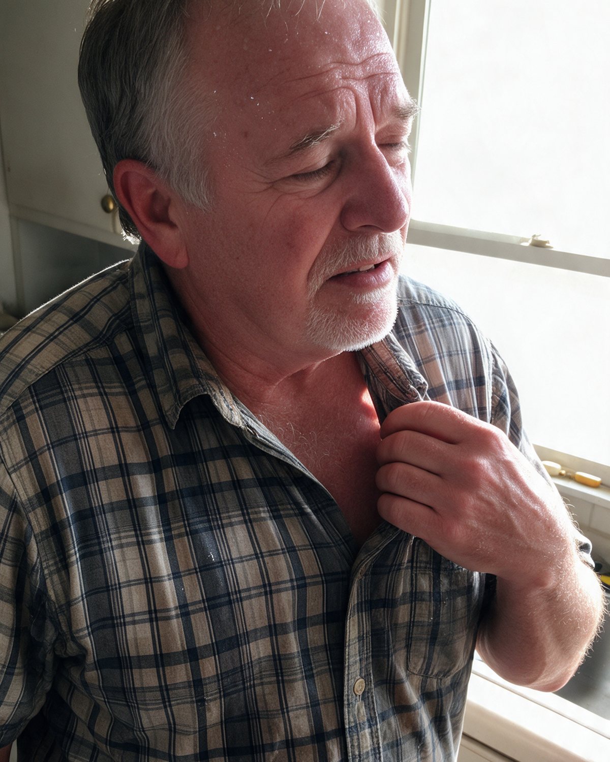 A man in his sixties, hot and damp in the afternoon
