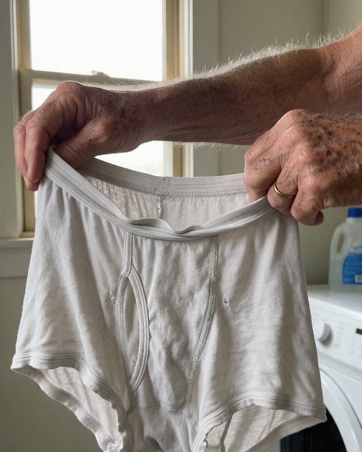 Worn-out cotton underwear held up in a laundry room