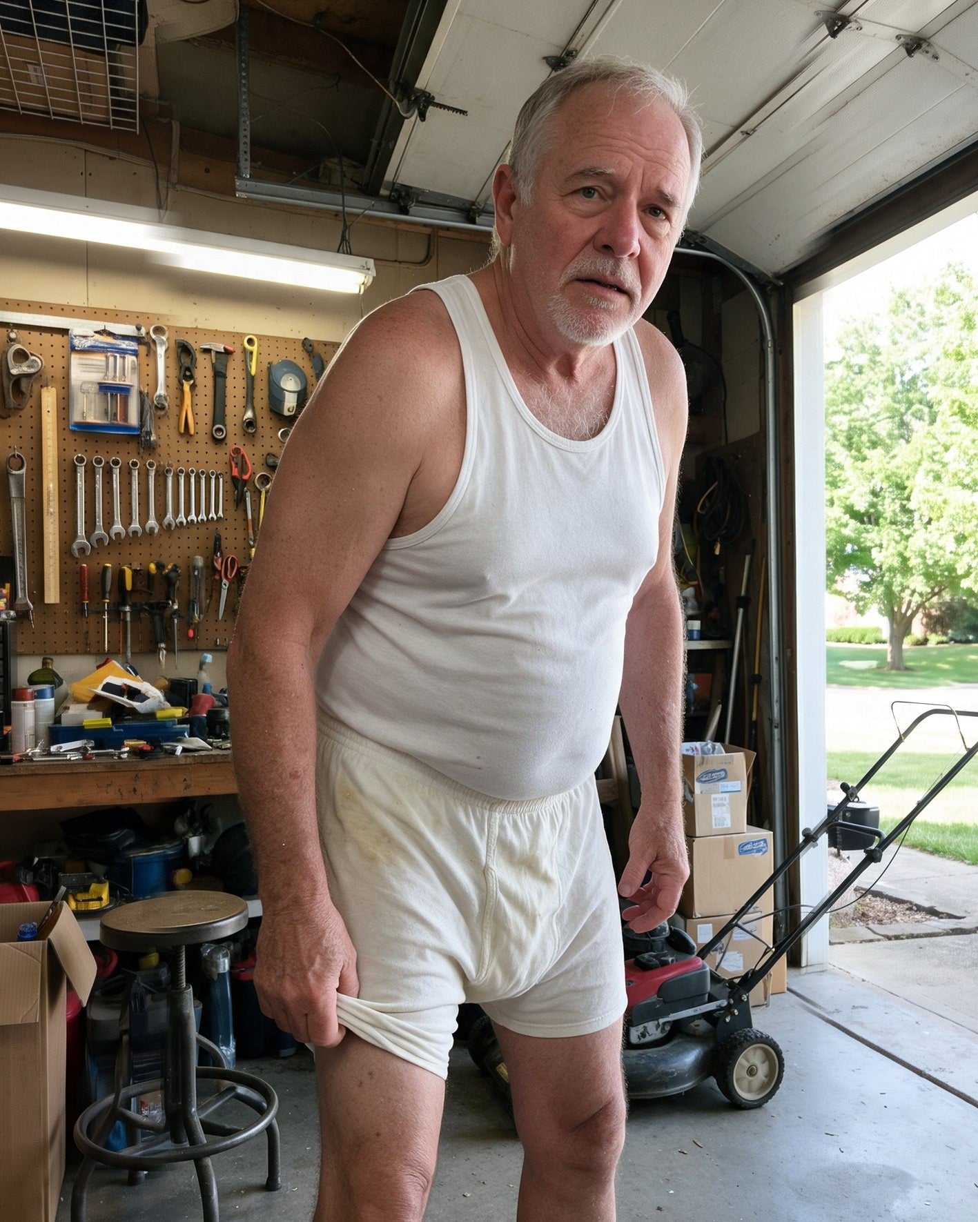 A man in his sixties in his garage, pulling at the leg of his white cotton underwear