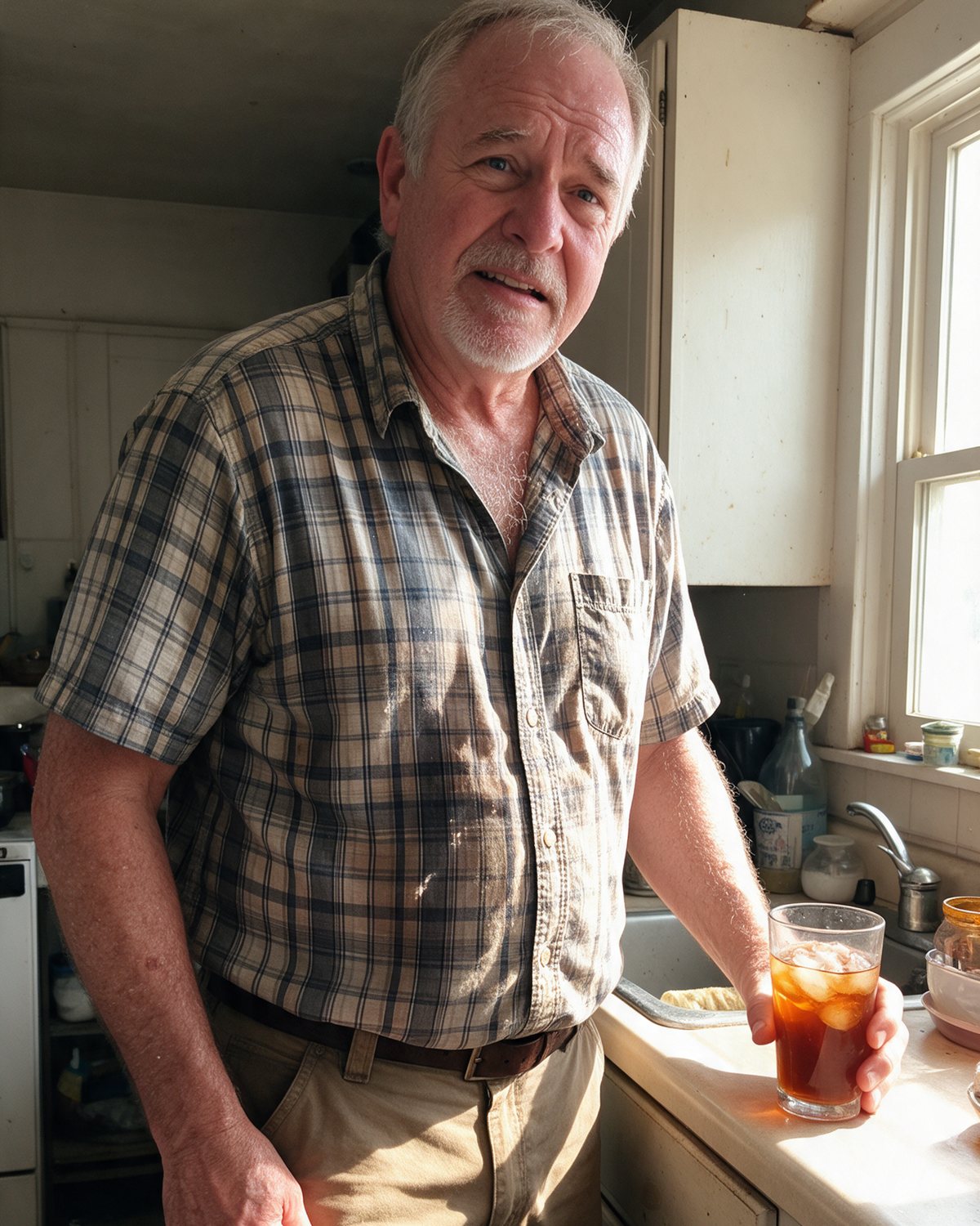 A man in his sixties in his kitchen in the afternoon, pulling at his pants
