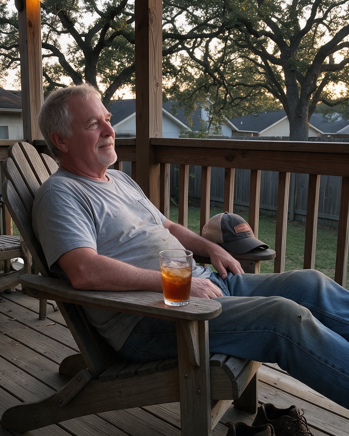 A man in his sixties relaxing on his porch in the evening