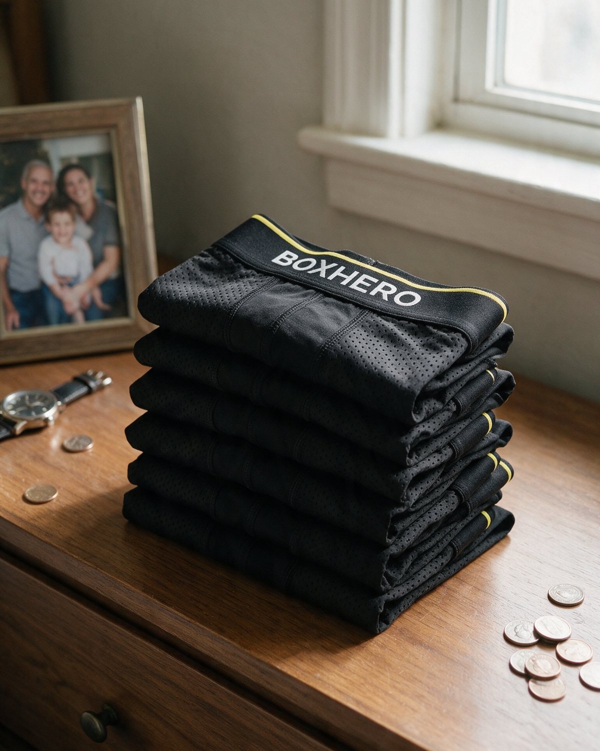 A stack of BoxHero pairs on a dresser