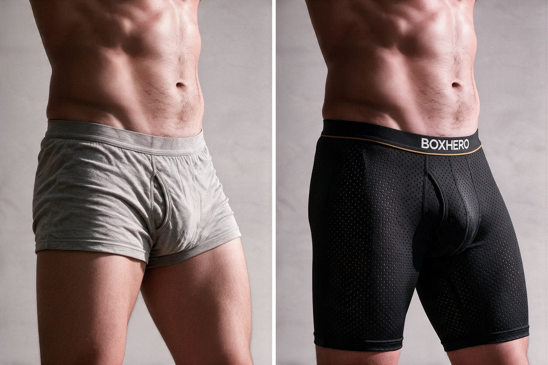 Before: loose cotton boxers with a flat front. After: the BoxHero 2.0