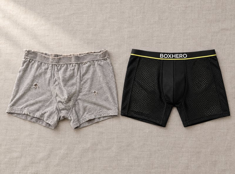 A worn-out cotton boxer next to a BoxHero 2.0 pair