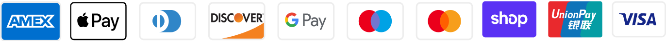 Amex, Apple Pay, Diners Club, Discover, Google Pay, Maestro, Mastercard, Shop Pay, UnionPay, Visa