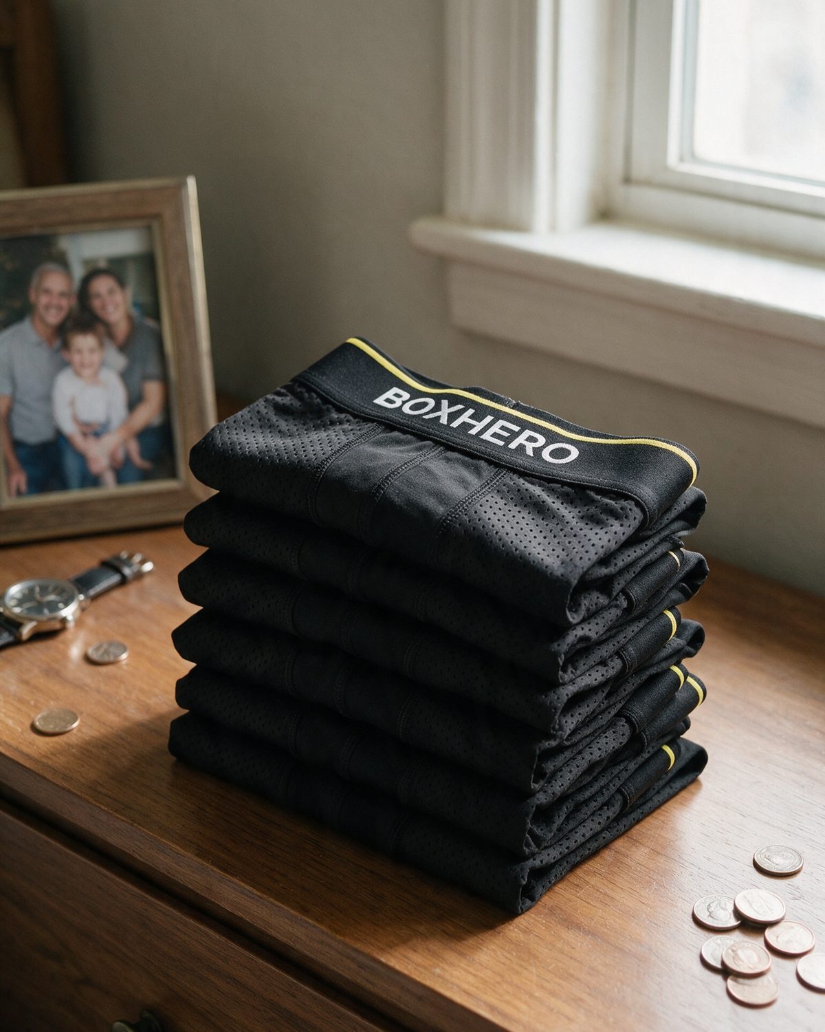 A stack of BoxHero pairs on a dresser