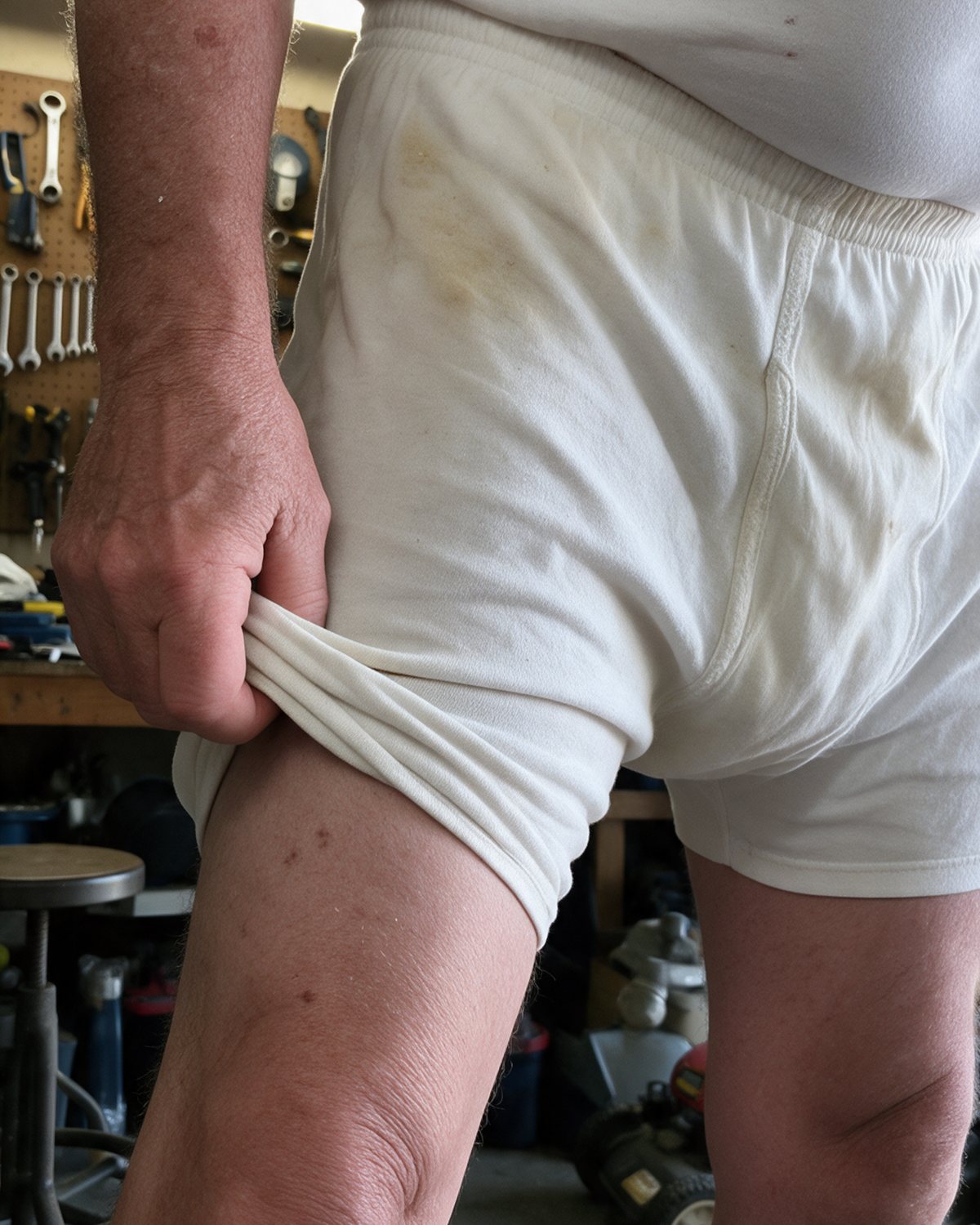 A man pulling down the leg of his cotton boxers that rode up his thigh